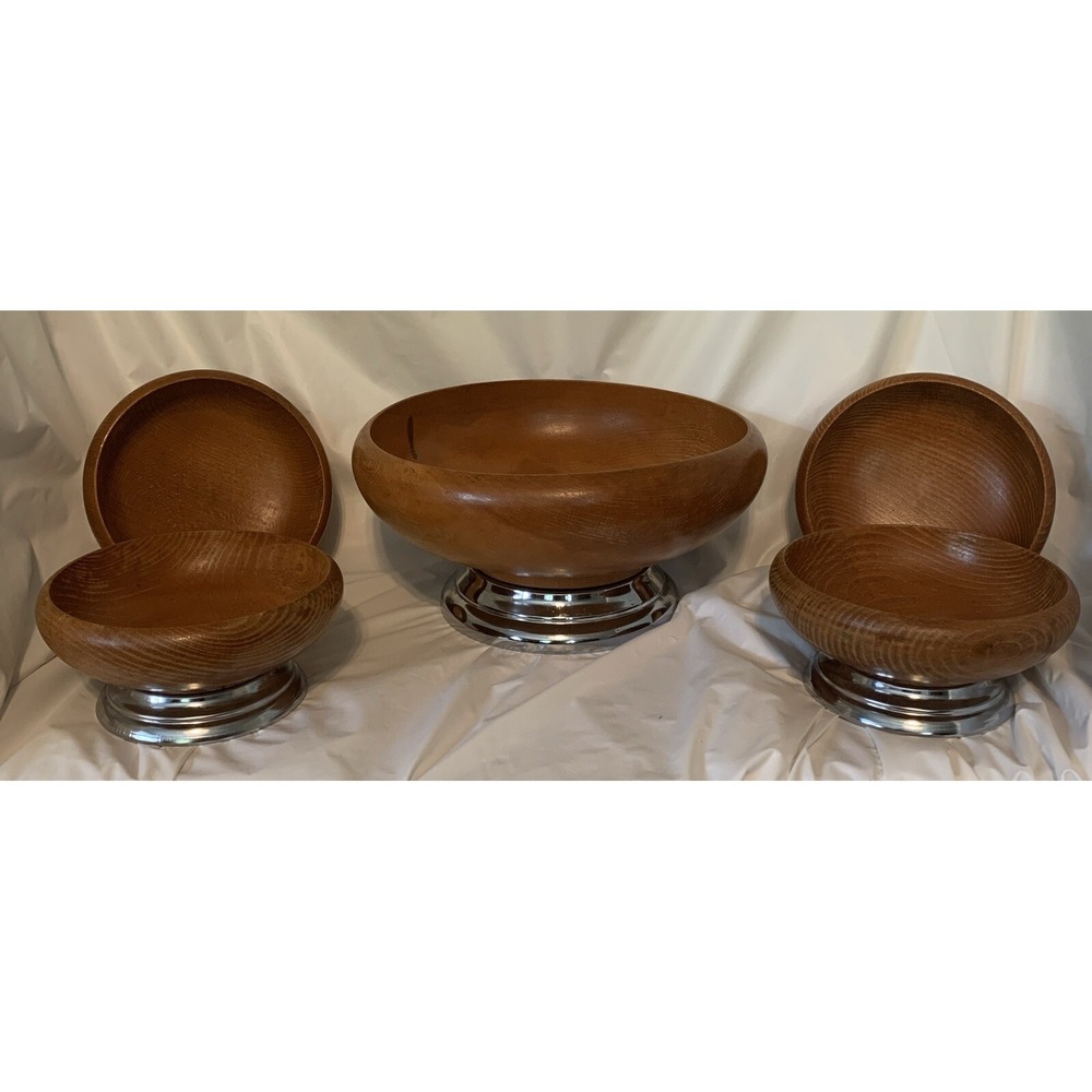 Vintage Mid-Century HELLERWARE Wood/Metal‎ Pedestal Bowls Salad Bowl Serving Set